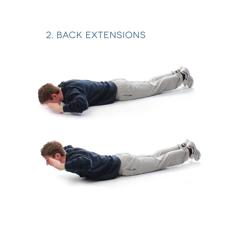 Back Extensions - Lie on your front with your hands to your temples. Raise your back up and return down. Repeat this 20 times