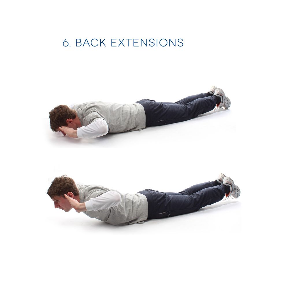 Back Extensions - These will help your back. Lie on your front with your fingertips on your temples. Raise your back up and back to the floor. Repeat this 20 times