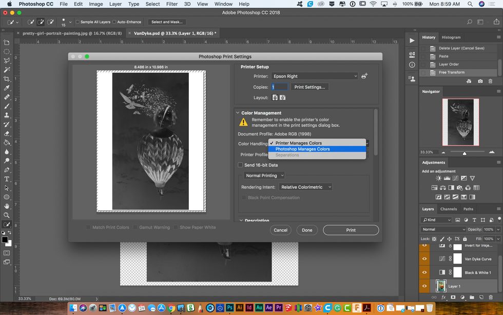 Back in the PhotoShop Print Settings dialog go down to Color Handling and select Photoshop "Manages Colors."