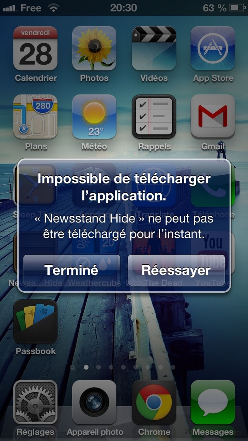 Back on the springboard, you'll see a popup saying that the app couldn't be download...Tap finish