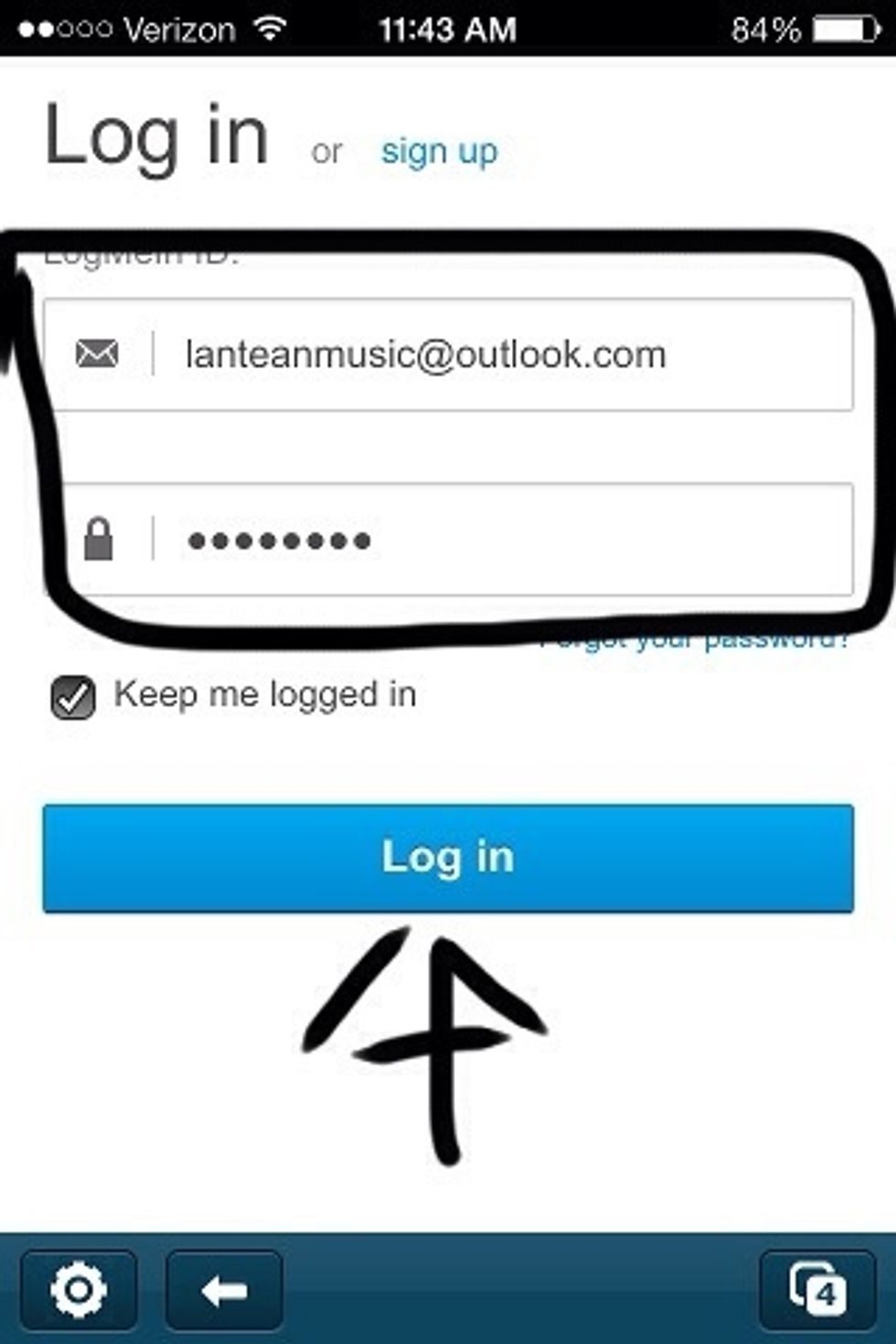 Back on your iOS Device, go into the LogMeIn application and sign in with the account you created.