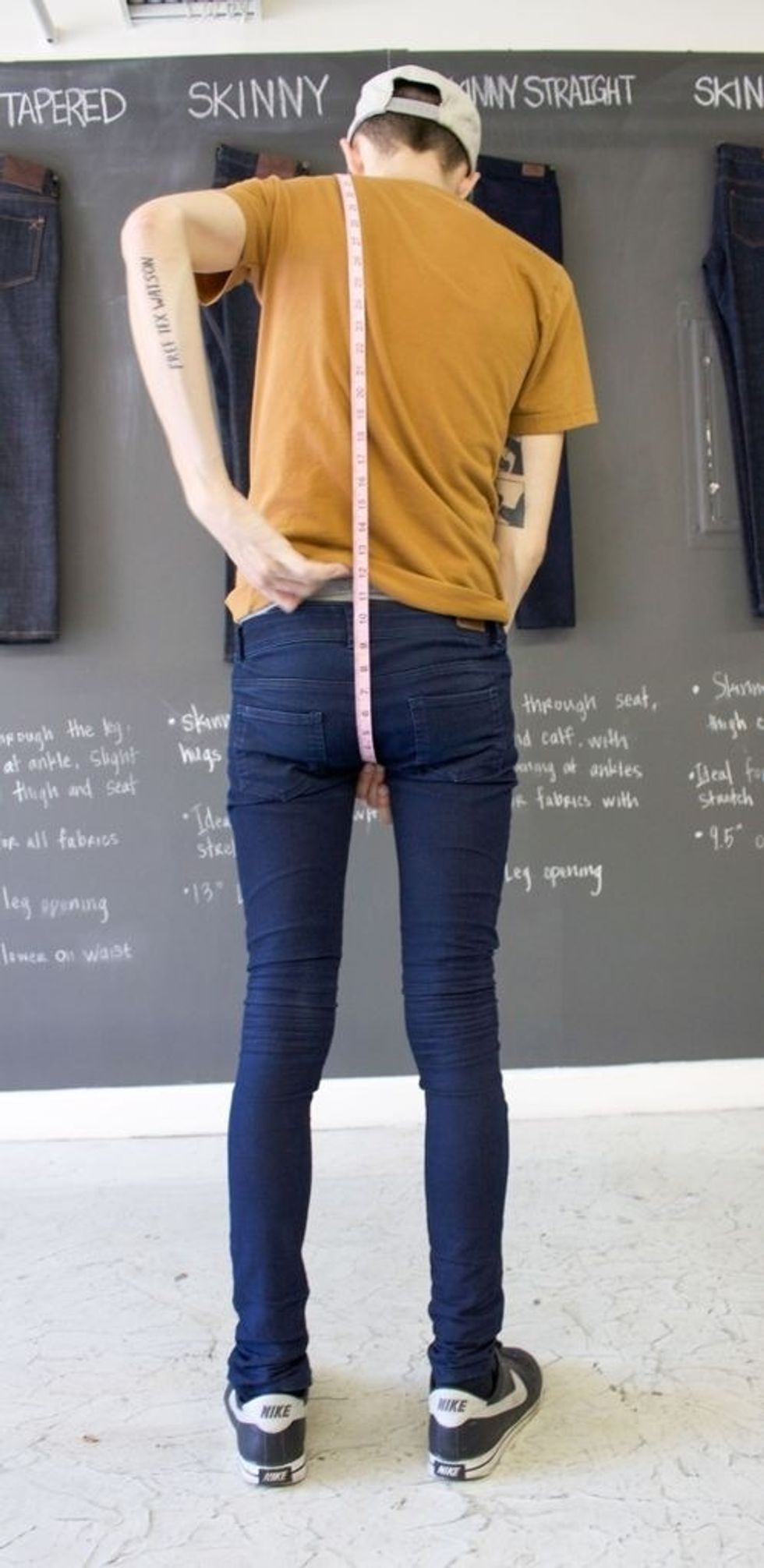 Back Rise - Pull your pants all the way up and place the tip of the measuring tape underneath crotch area. Pull measuring tape behind you and measure to the back of your waistband where your jeans sit