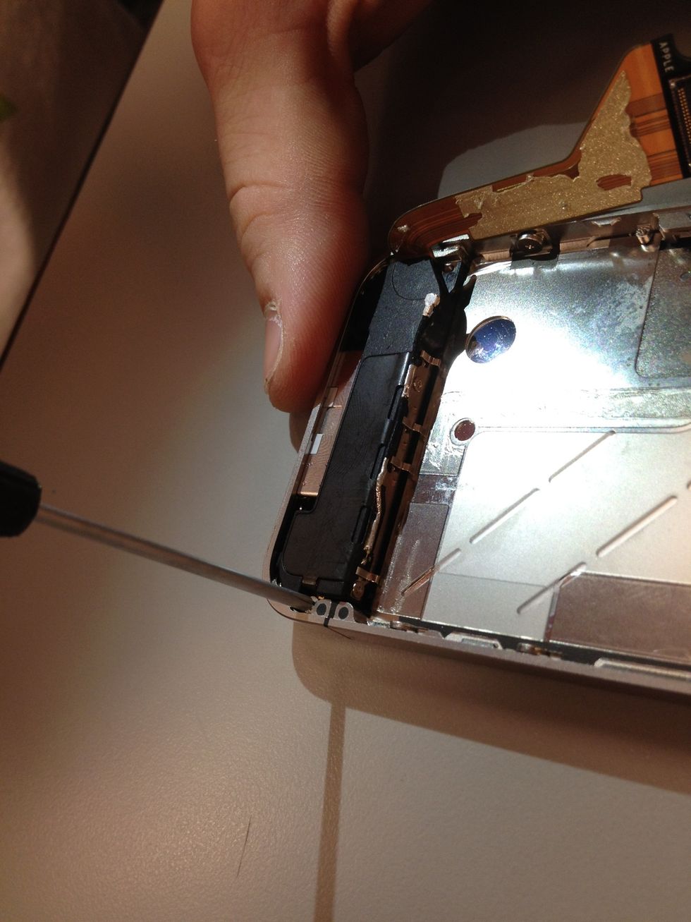 Back to the bottom. Let's get that speaker box out. Remove the screw holding it in place , found on the opposite side of the dock ribbon cable.