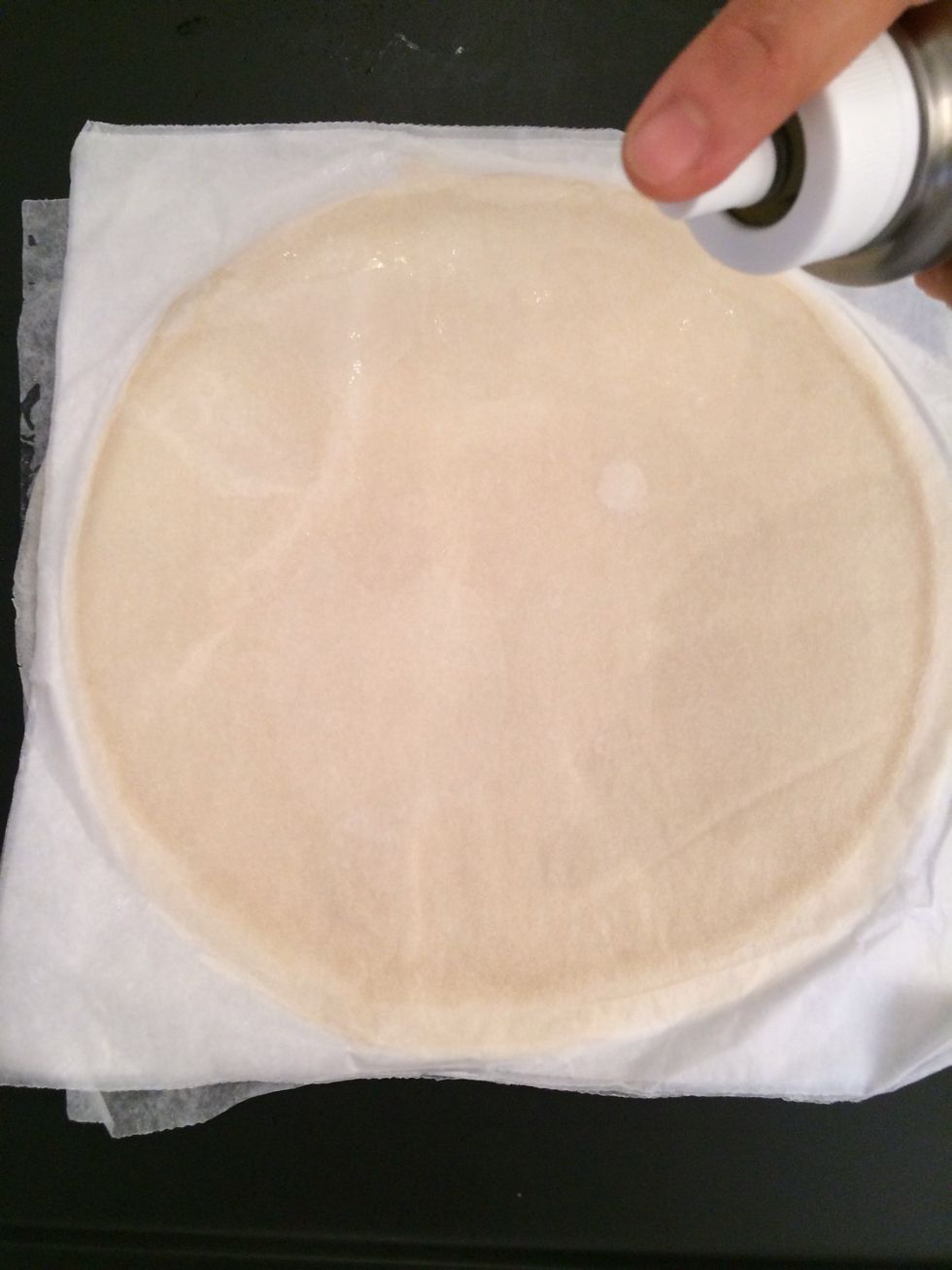 Back to the pastry sheets. Spray both sides of each sheet with olive oil. Or baste with a brush. Put them on top of each other.