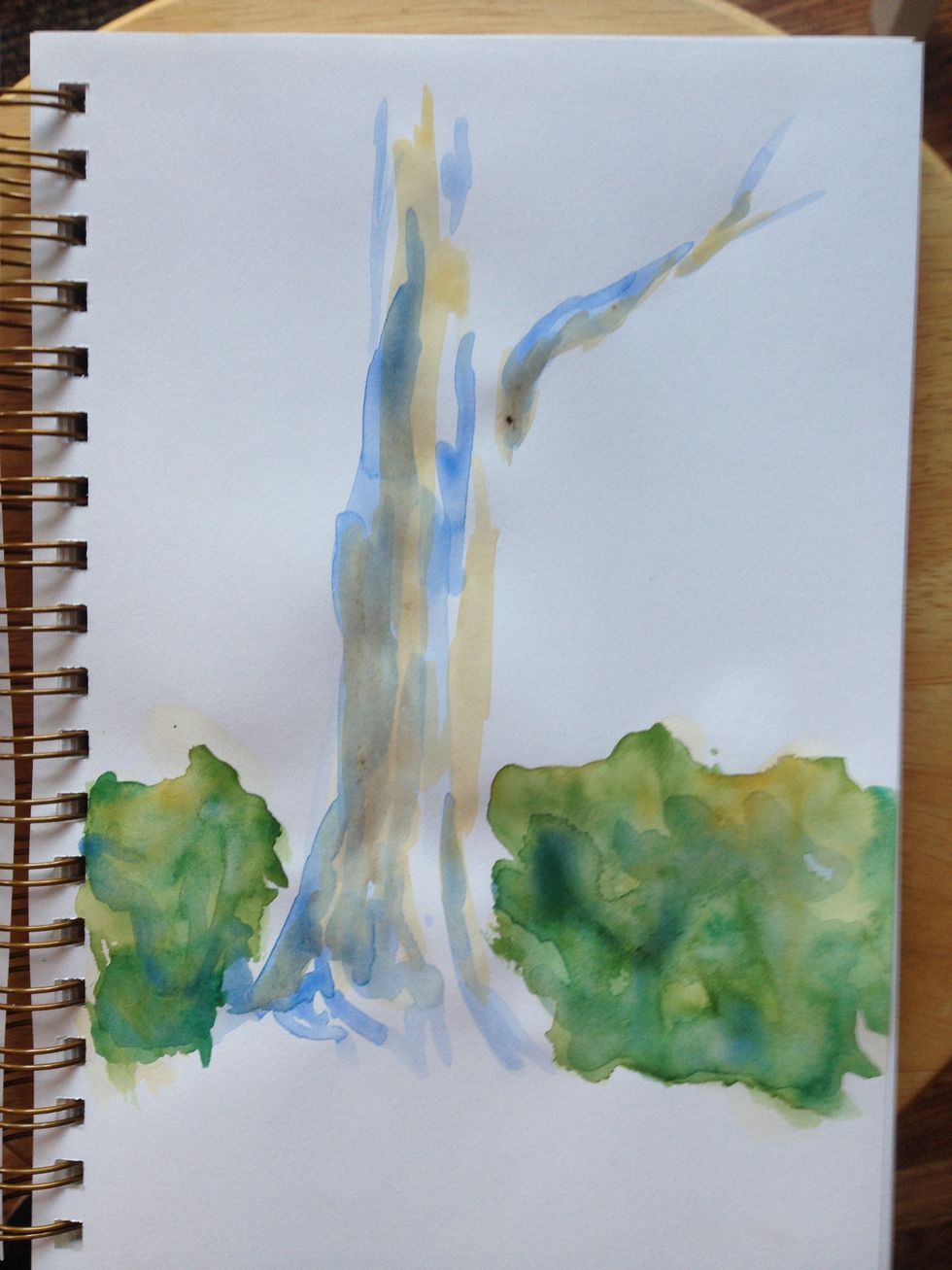 Back to the tree now that it's dry.  I used the Sienna to add another broken stroke layer to add local color as well as to add shadow areas. Where the blue and brown overlap it reads as shadow.