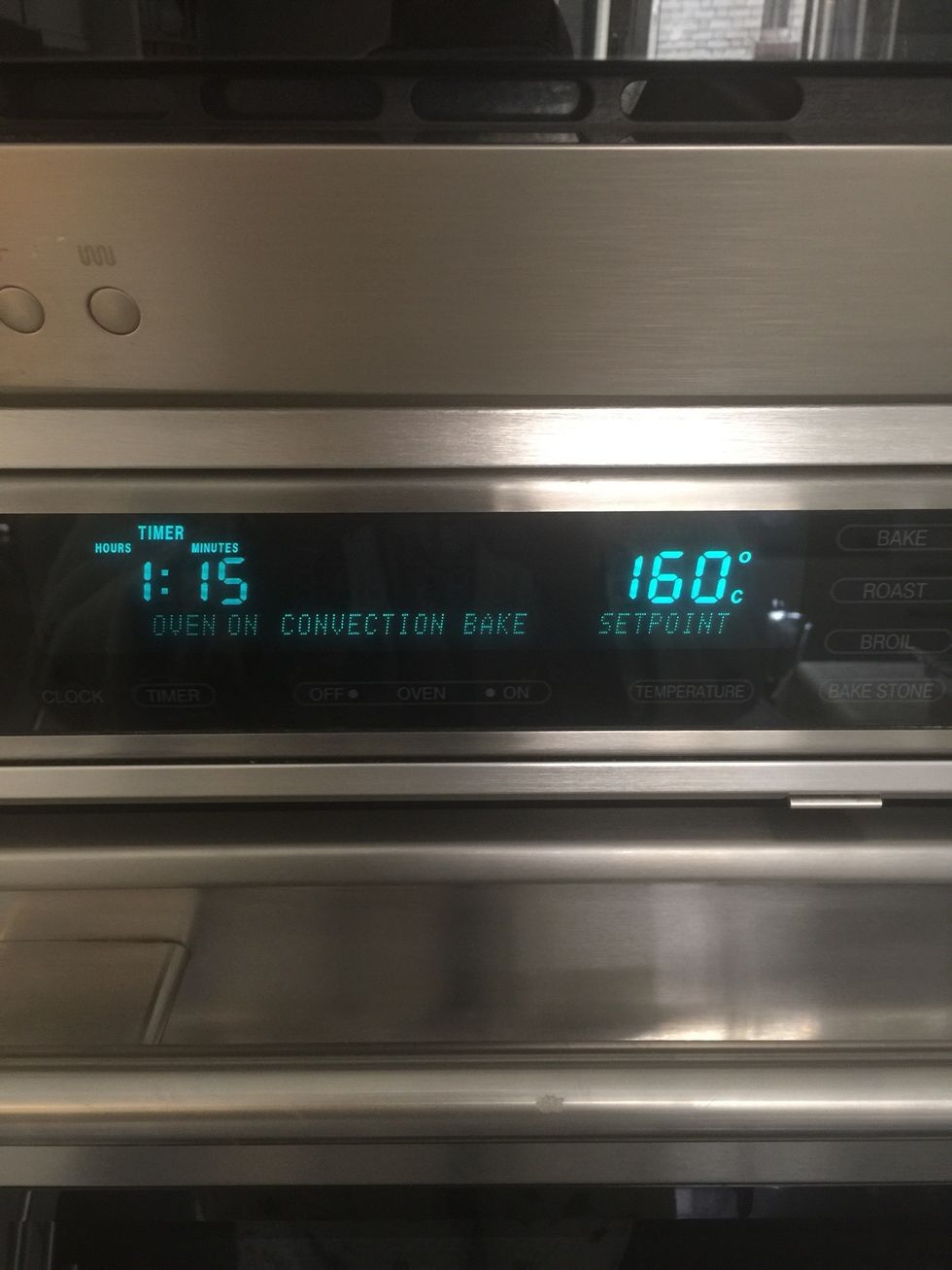 Bake 1:15 hr in a preheated oven 160C