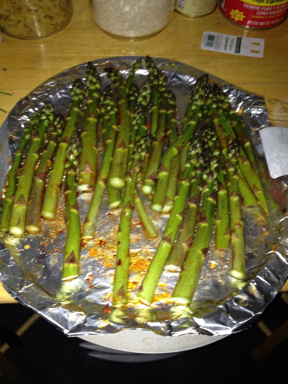 Bake asparagus at 350 degrees for 12 min