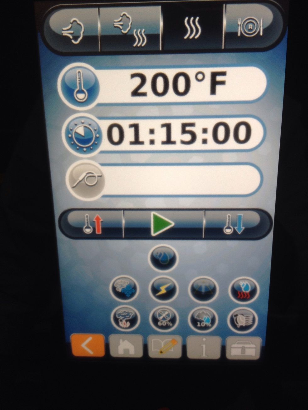 Bake at 200F (93C) in convection mode, 10% humidity, 60% fan for 1 hour and 15 min.