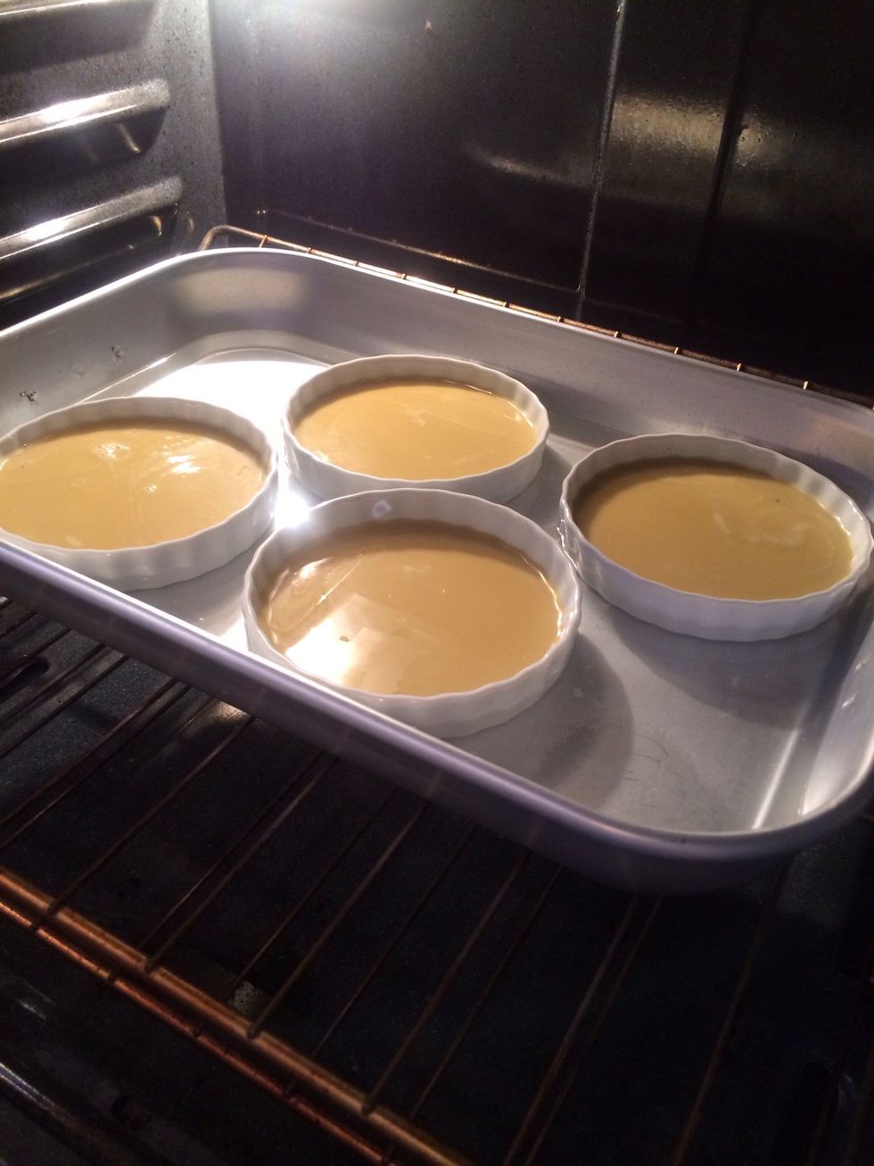 Bake at 300f until the custards are just lightly set. 30-40 min.