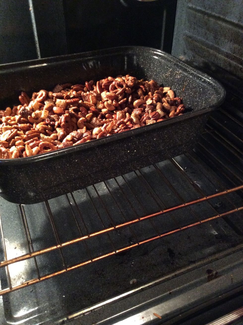 Bake at 325f about 45 minutes to an hour. stirring at 20 minutes, 15 minutes and then 10 minutes. Will be caramelized and golden brown.