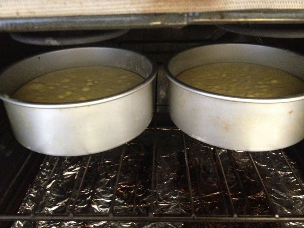 Bake at 350 degrees Fahrenheit. I used two 8" pans, so I will bake for 33-36 minutes. Or until toothpick inserted in center comes out clean.