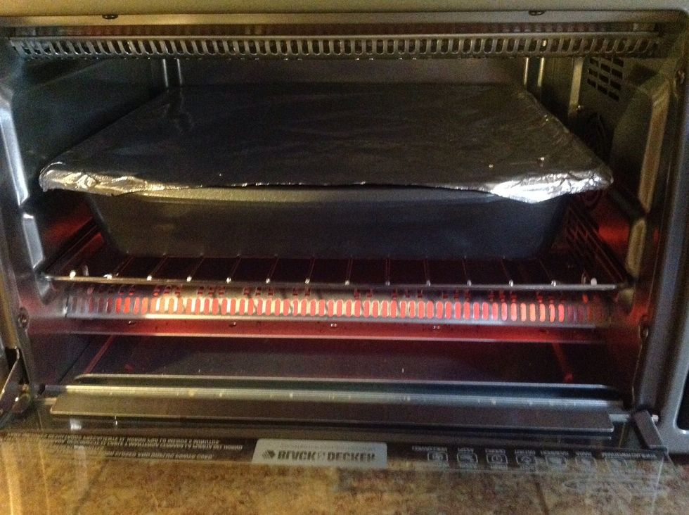 Bake at 350 degrees for 50-55 mins. Bake covered with aluminum foil for about 30 mins then uncover for another 25 mins. Internal temperature should reach 165 degrees before eating.