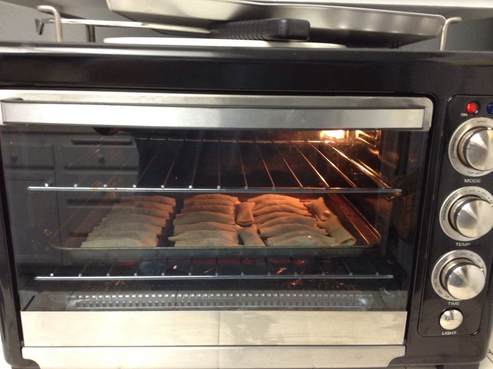 Bake at 350 degrees till tips golden or till they are completely golden. You can play with the time as you like.