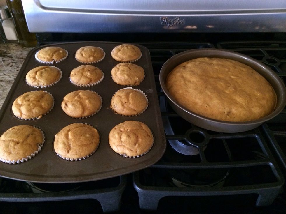 Bake at 350 for 24 minutes. I left my cake in there for an additional 8 minutes. Take them out and let them cool for 10 minutes.