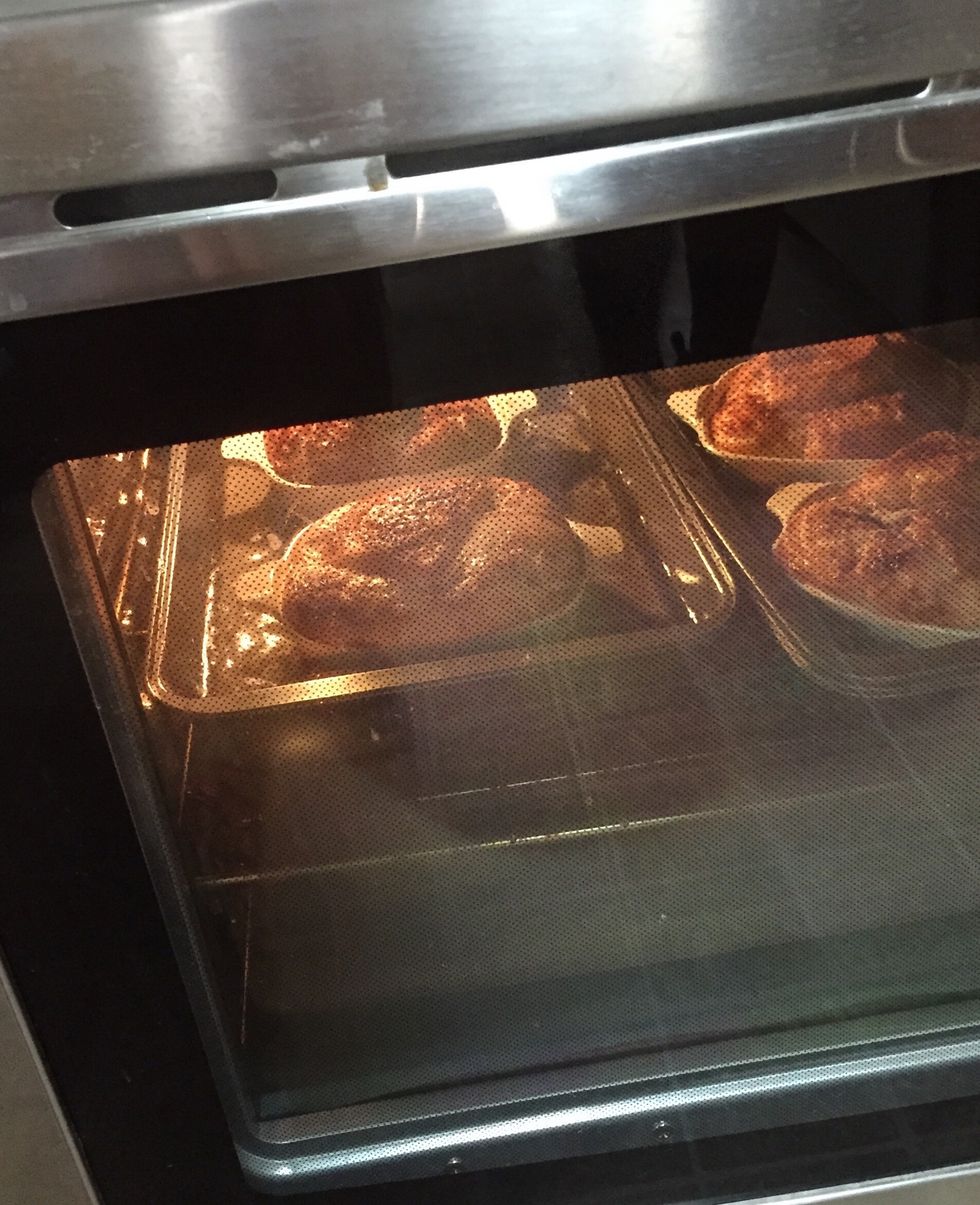 Bake at 350\u00b0 for 65-70 minutes. This batch especially rose up! It flattens after baking.