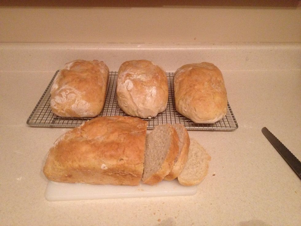 Bake at 375 degrees until the crust is golden, then turn down to 350 for a total of 45 minutes. Pull the bread out and let cool on a rack. Enjoy the beautiful smells filling your house!