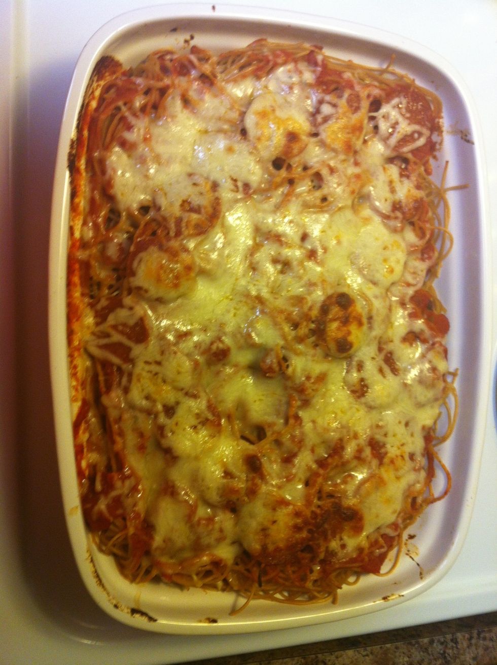Bake at 400*F for 10-20 minutes (my oven cooks it in ten but it heats fast). Cheese should be melted with some slight browning when it is finished cooking