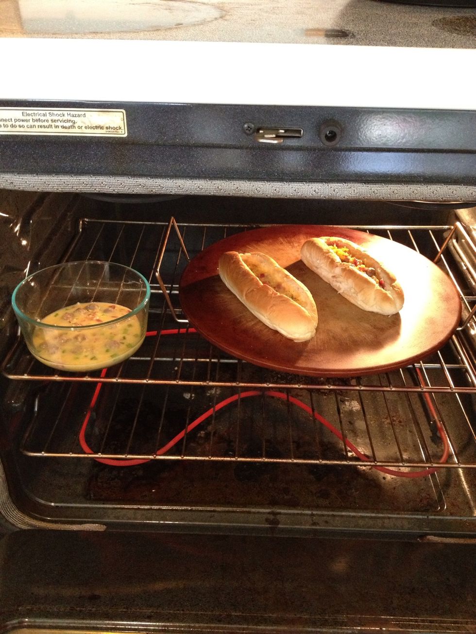 Bake bread boats an mixture for 20-30 minutes so eggs are no longer runny.