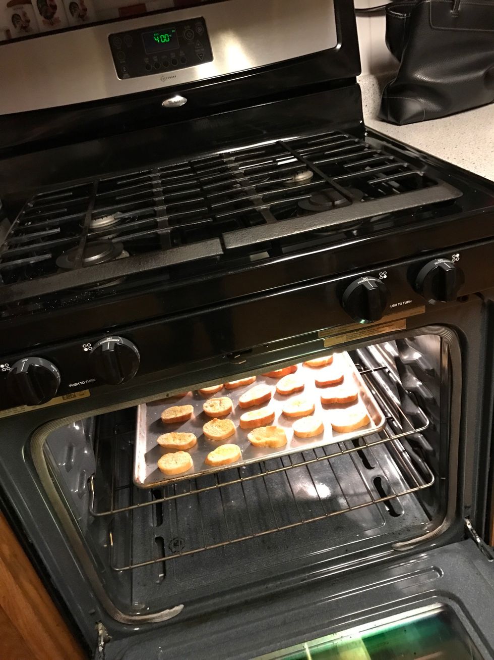 Bake bread slices in oven at 400 degrees for 15 minutes
