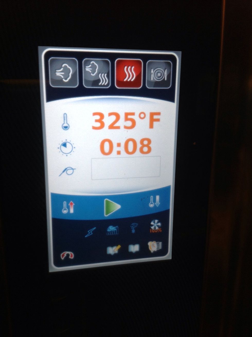 Bake crust at 325F (163C) Convection mode for 8 minutes in the Combitherm oven.