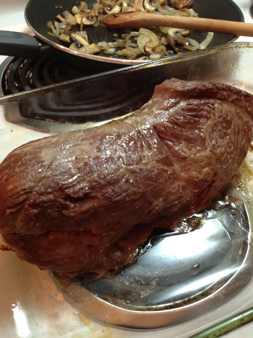 Bake for 10 to 15 minutes, or until browned. Remove from pan, and allow to cool completely. Keep any pan juices aside. **you may want to brown even longer as it's a large piece of meat.