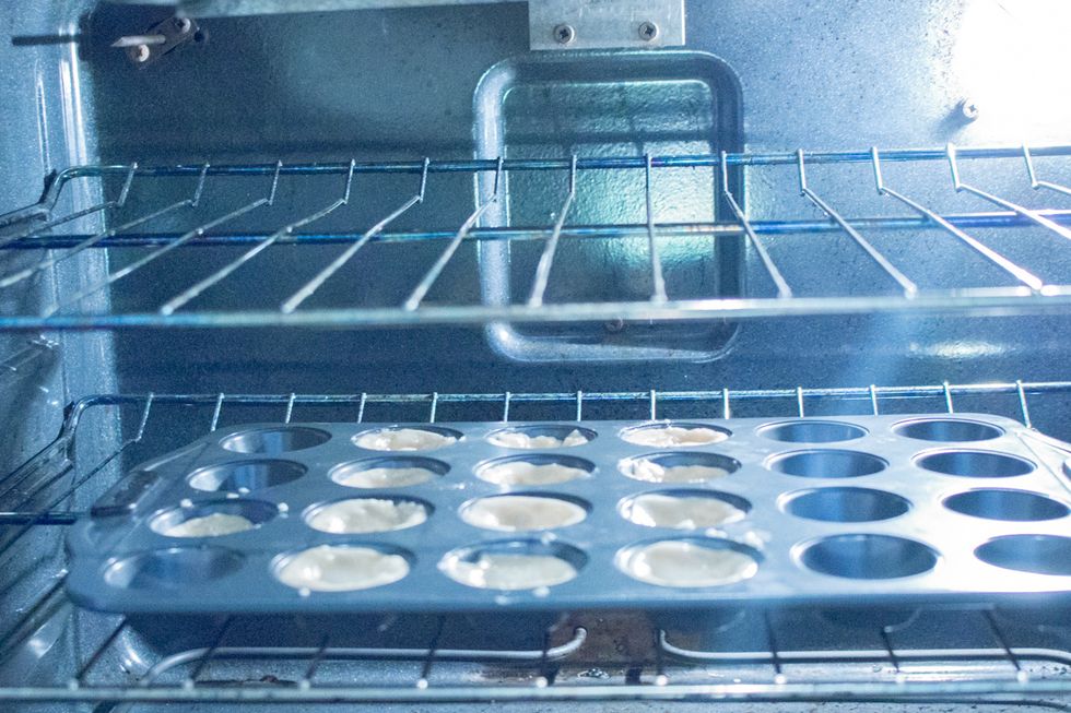 Bake for 12 minutes, check on it at the 8 minute mark. It should slightly brown.