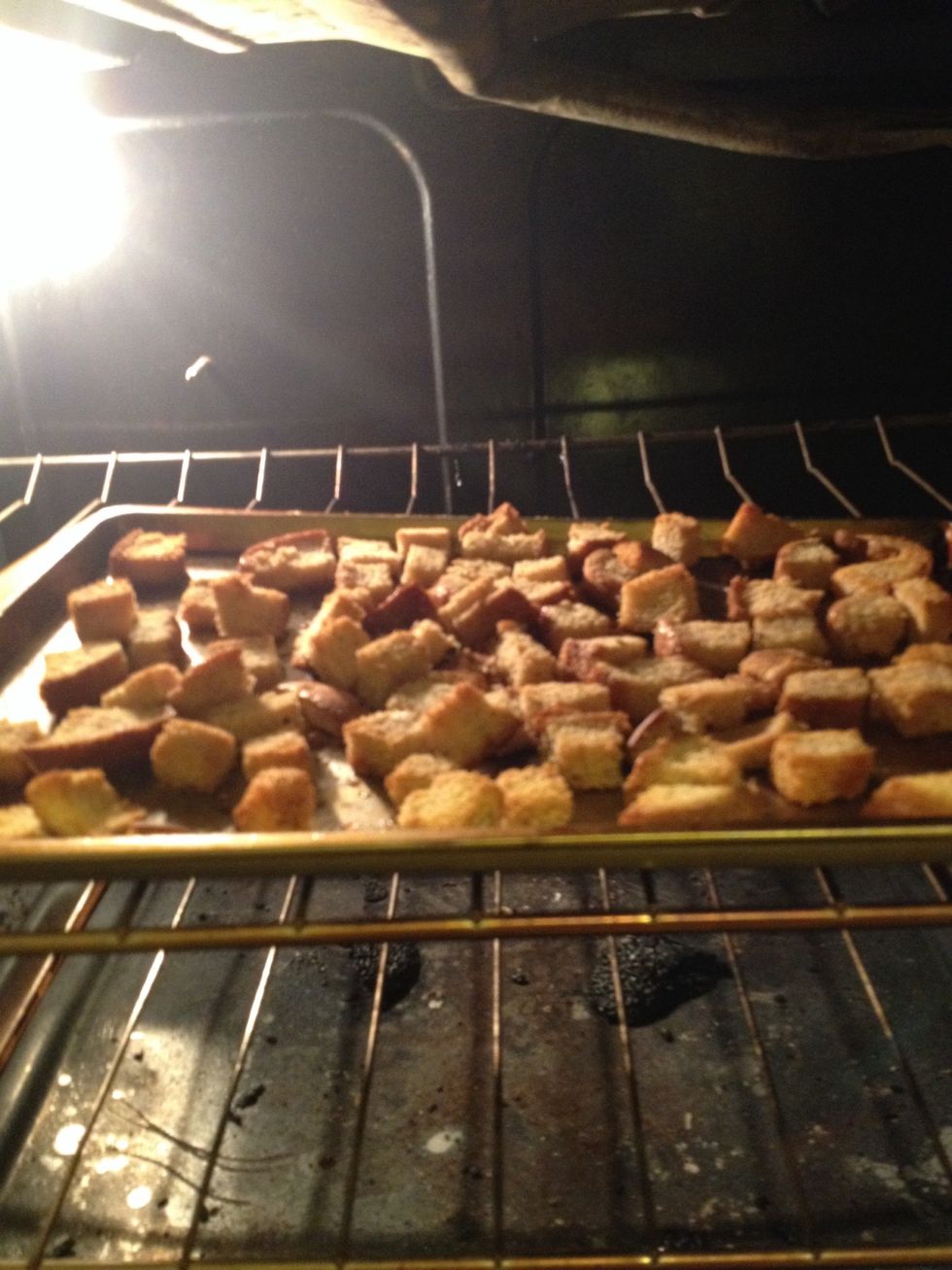 Bake for 14-16 minutes or until gilded brown. The croutons will harden as they cool. For maximum crispiness, use right away rather than storing for another day.
