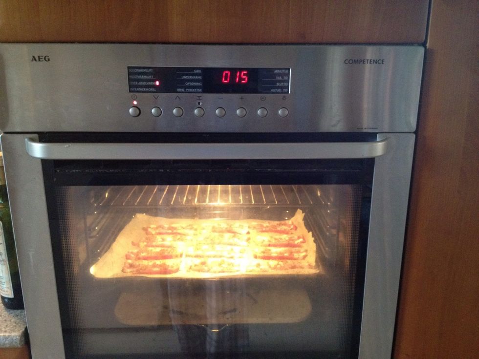 Bake for 15-20 min. Keep an eye on the bacon after 15 min. You want it Krispy not burned