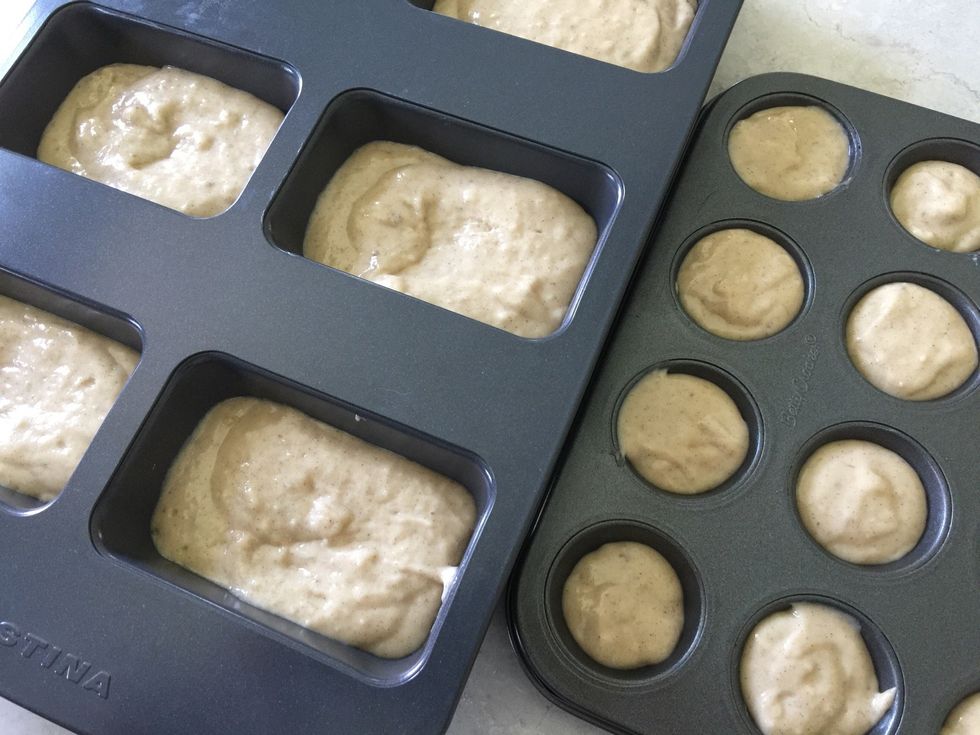 Bake for 18 minutes (mini muffins), 20-25 mins for small loafs. Big loaf pan, bake for an hour. Two medium loafs should take ~50mins. Test with wooden stick, if it comes out clean, it's ready.