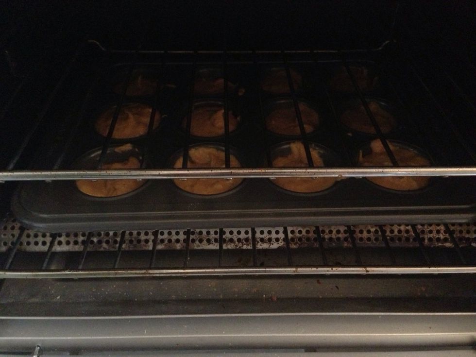 Bake for 20-25 minutes at 350 degrees F on the middle rack. Poke a toothpick through the center of one of the cupcakes. It should come out clean. If not, bake for a few more minutes.