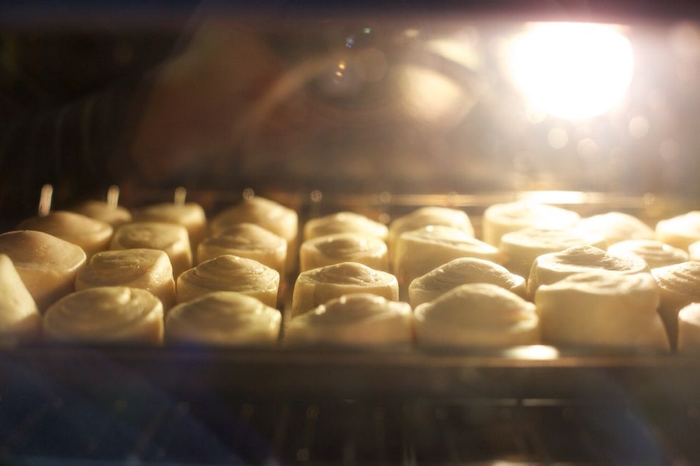 Bake for 20-25 minutes. I like to undercook it so when I toast it later it doesn't brown too much. The rolls should expand even more in the oven. If they don't, you might have stale or dead yeast.