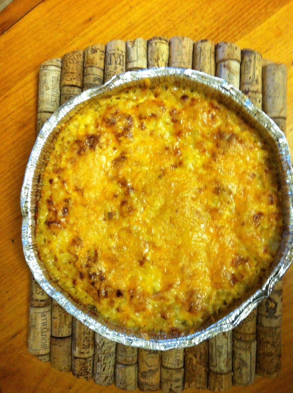 Bake for 20-30 min, until it becomes golden brown/awesome on top. I will warn you that when you take it out it will smell amazing. You will want to eat it. Resist this urge and let it cool for 10 min