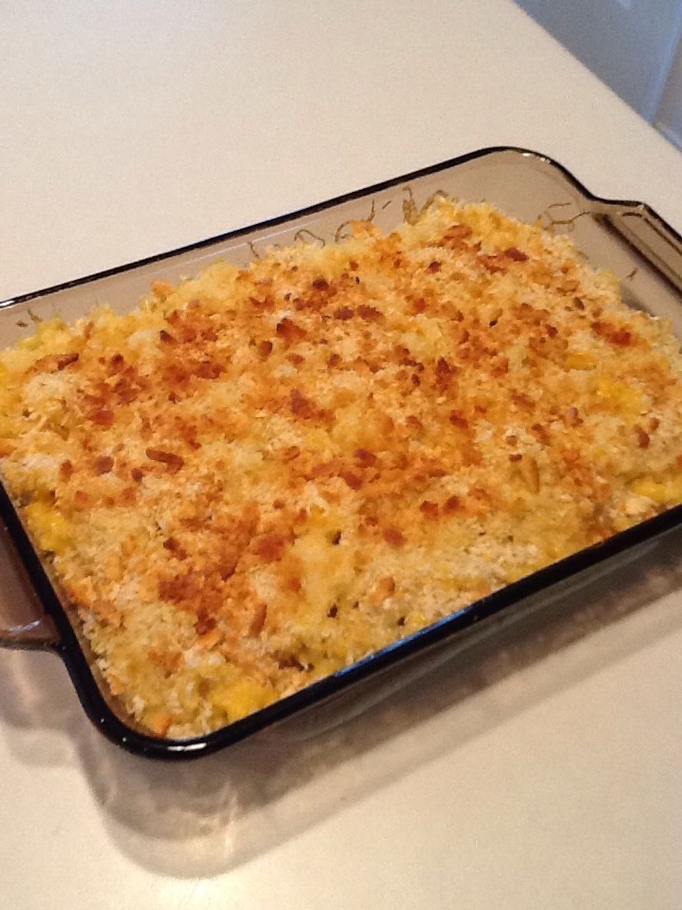 Bake for 20 minutes at 425 degrees.  Around 10 minutes you might want to cover the top with aluminum foil to prevent cracker crumbs from burning.