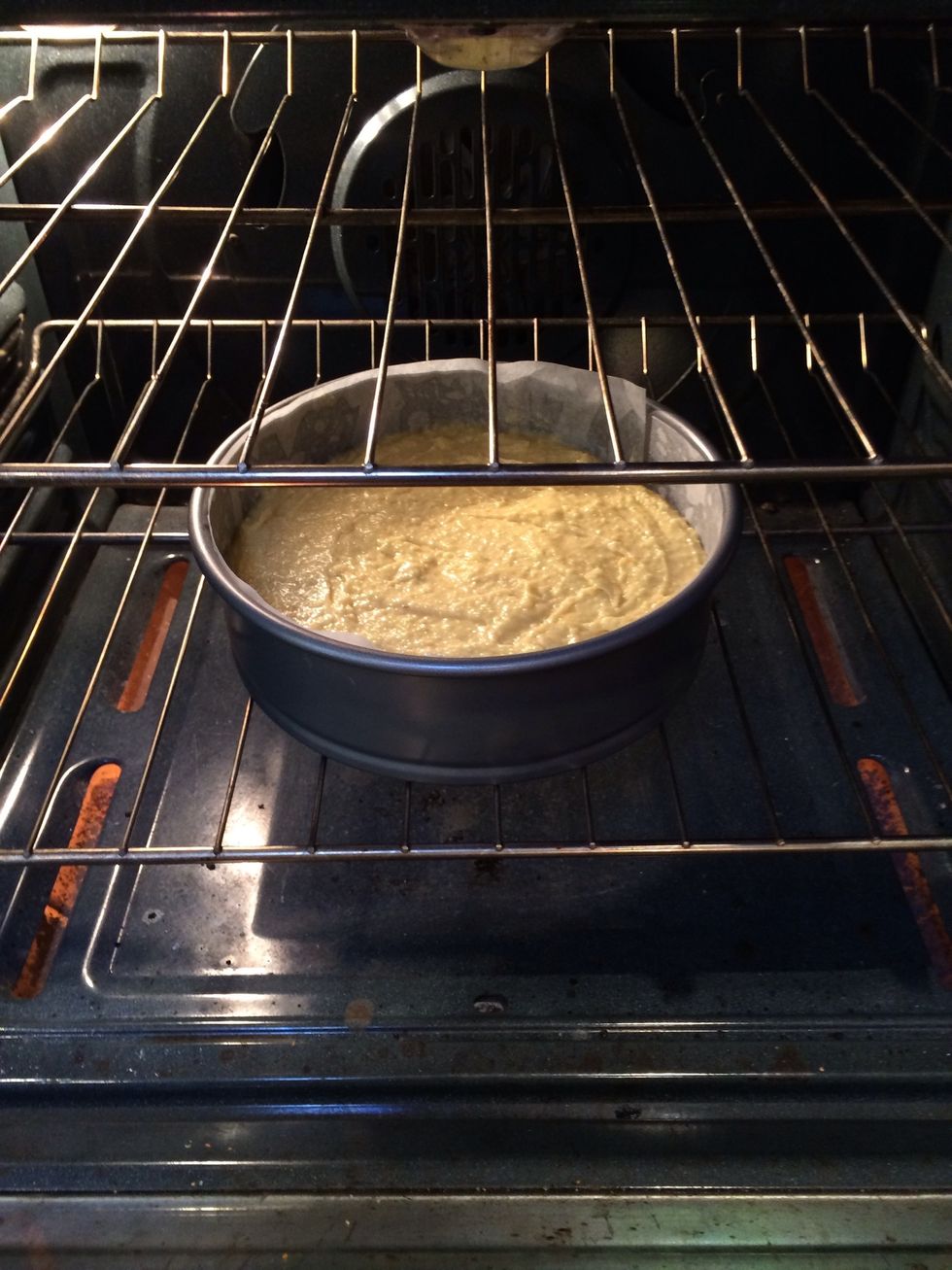 Bake for 50 to 60 minutes. Check to see if the cake is ready by inserting a skewer into the center. The skewer should come out a bit moist.