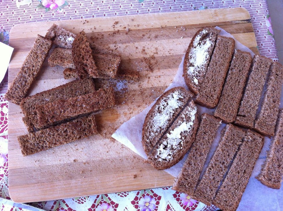 Bake for a good 15-20mins till fingers turn Golden Brown (like shown). See the color difference? Left is all done and Right; ready to bake!