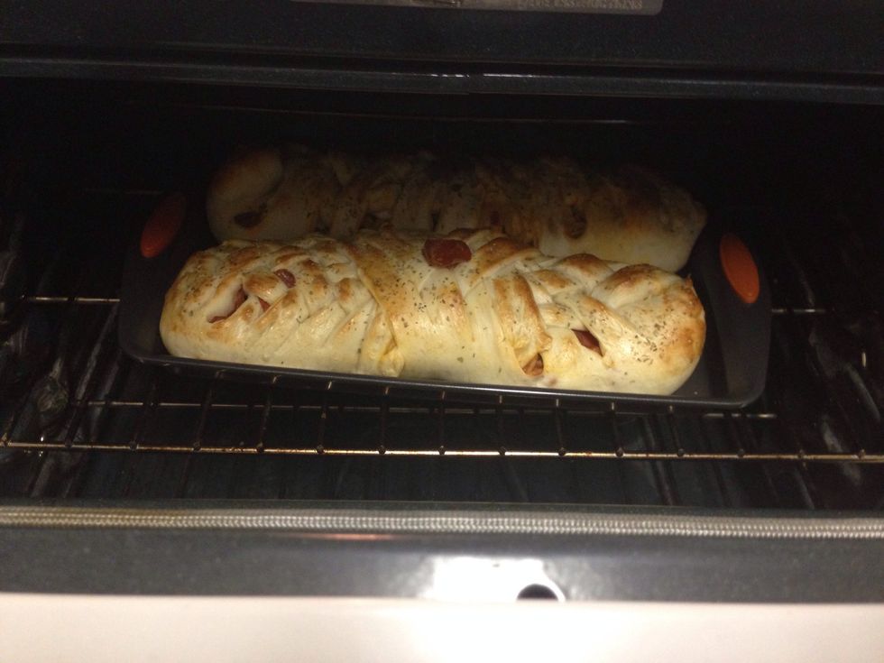 Bake for about 15-20 minutes while checking regularly. I put a pepperoni on top of the one that had pepperoni in it. All done, just slice and serve!