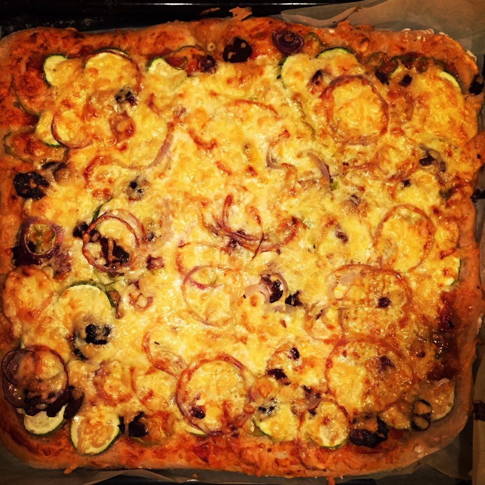 Bake in 250C for 22 minutes. 10 minutes on the lower part of the oven and 12 in the middle