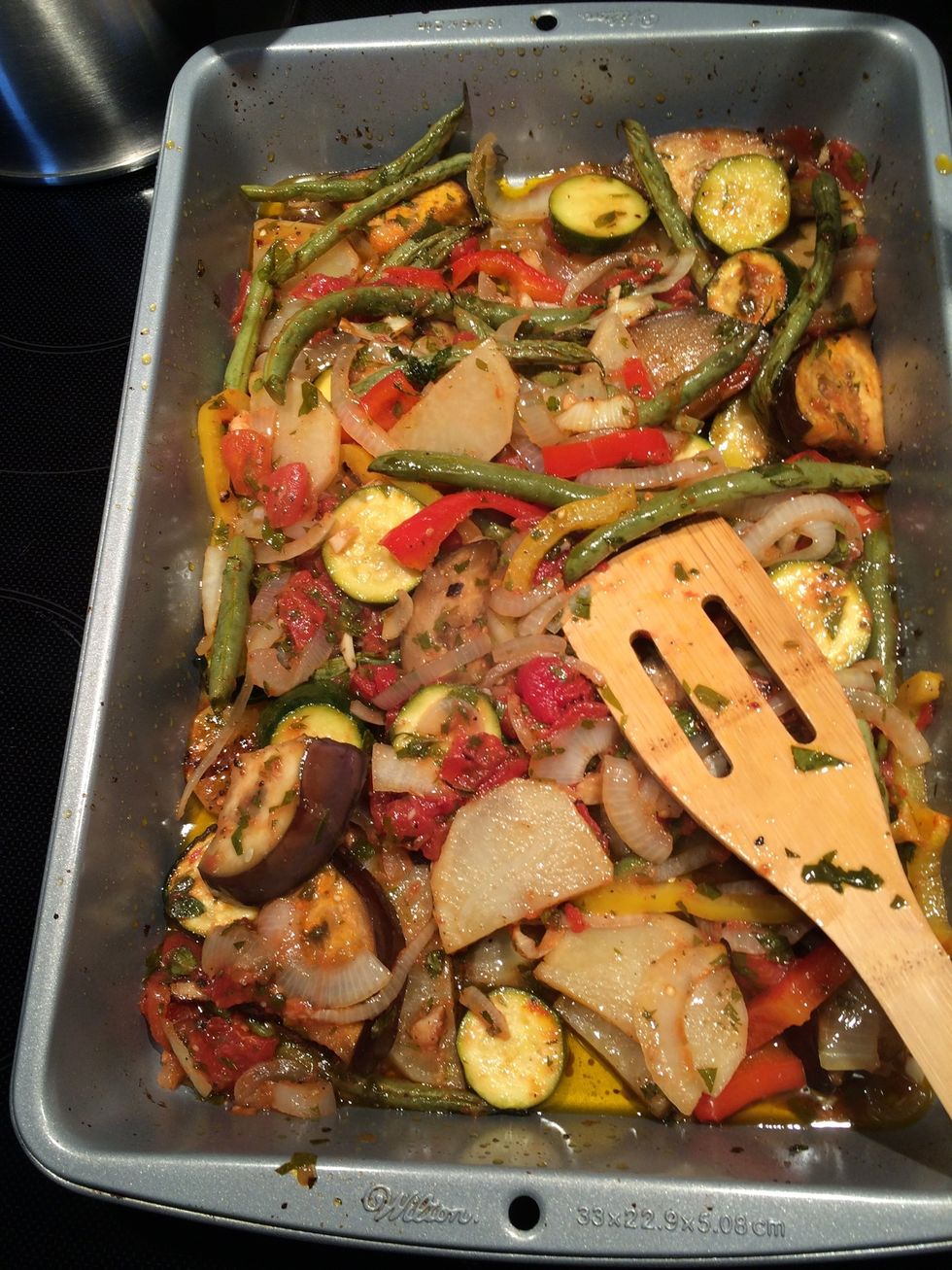 Bake in a preheated 400 degree oven for 1 to 1.5 hours or until all vegetables are cooked through and tender. Using a flat spatula turn vegetables over every 15 minutes. Do this carefully not to break