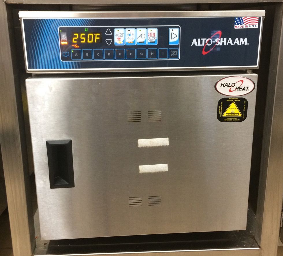 Bake in an Alto-Shaam cook & hold oven at 250F (121C) probe to 150F (66C) and set hold at 150F (66C). When at probe temperature, remove, weight and chill.