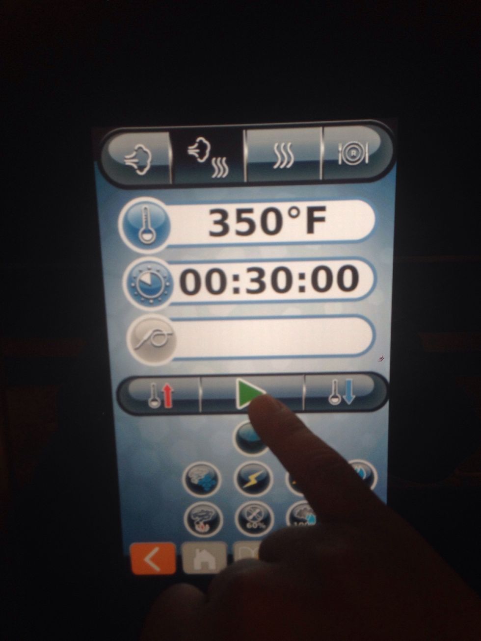 Bake in combi mode for 30 minutes. Use 60% fan for evenness and gentle air motion.