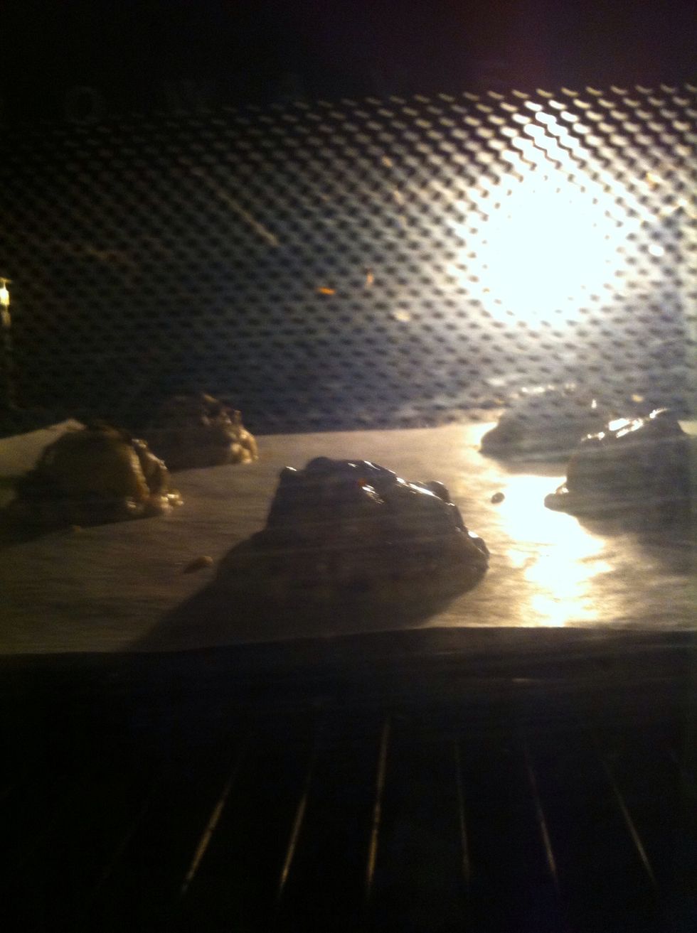 Bake in oven for 10 - 15 minutes depending how chewy or uncooked you like them (chewy : brown around edges, not so brown on top)