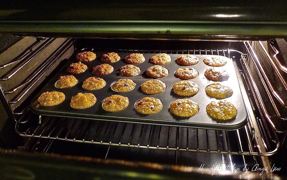 Bake in preheated oven for 15 -17 minutes or until a toothpick inserted in the centre of muffin comes out clean.