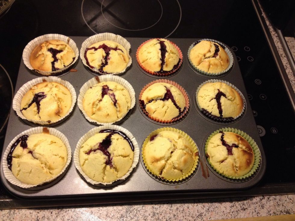 Bake in the oven at 175 C (347 F) for 15-20 minutes until a toothpick comes out of a muffin clean. They should look something like this afterwards
