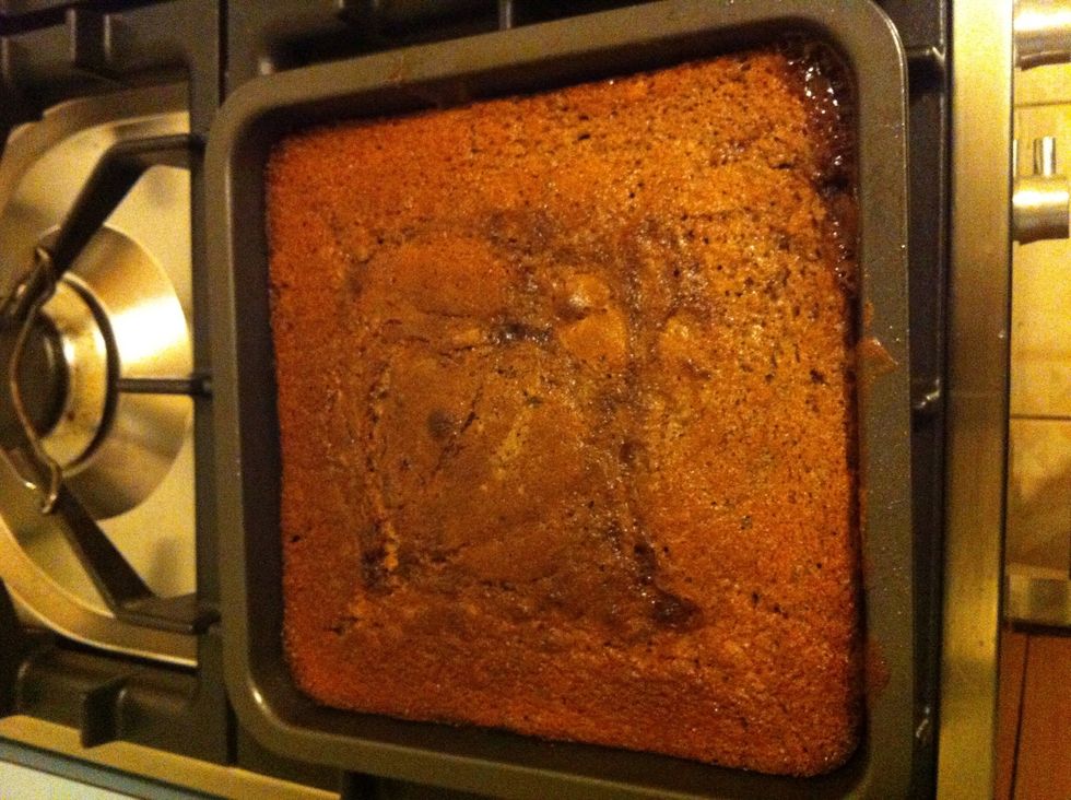 Bake in the oven at 180\u2022c for about 20 minutes. Make sure you don't over bake it otherwise the sauce will be absorbed by the actual cake part.