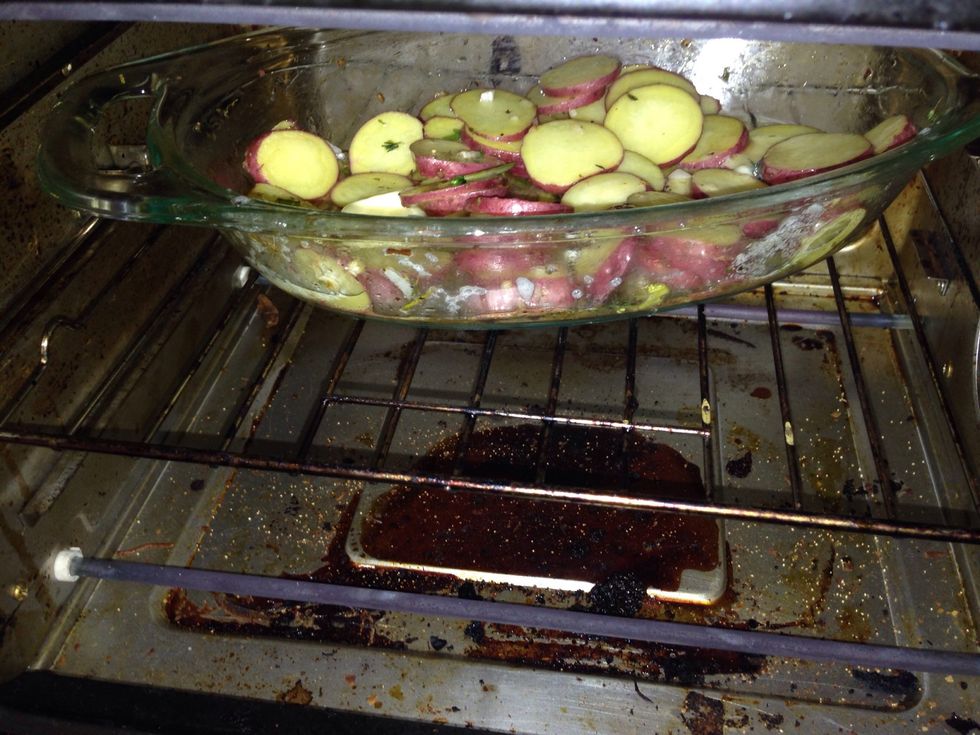 Bake in the oven on 450 for 35 minutes when they are 1/2 done slide 2 pads of butter in there be careful!