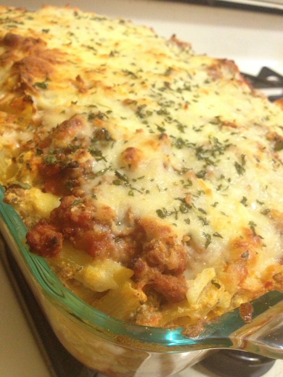 Bake on 375 degrees Fahrenheit for 20 minutes or until slightly brown and bubbling