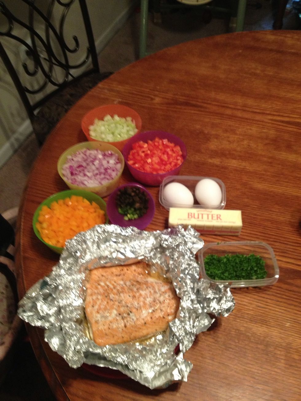 Bake salmon in salt and pepper and chill for an hour in fridge