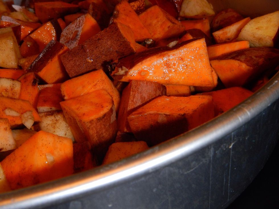 Bake sweet potatoes and apples in a single layer in a baking pan on 350 until roasted and crispy.  The skins become crunchy and sticky like toffee and the insides are like candy!