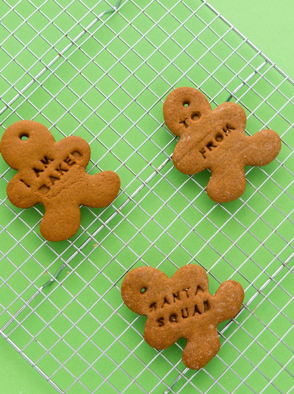 Bake the gingerbread tags on a cookie sheet for 8-10 minutes, and then, let cool on a rack.