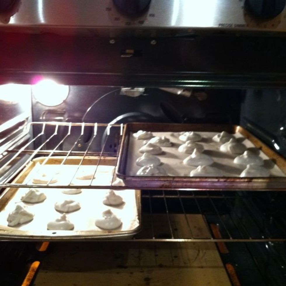 Bake the meringues for about 45 minutes until they are crisp, but still slightly moist on the inside